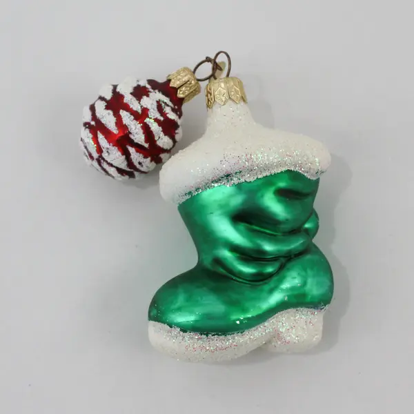 Dept 56 Blown Glass Green & White Santa Boot W/White & Red Pinecone Ornament