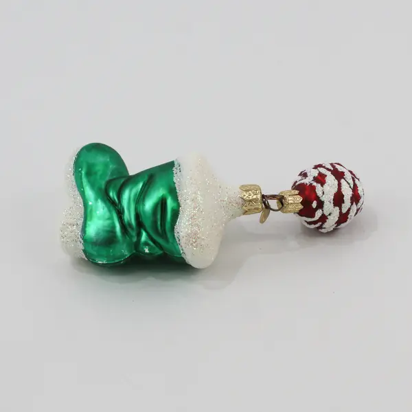 Dept 56 Blown Glass Green & White Santa Boot W/White & Red Pinecone Ornament