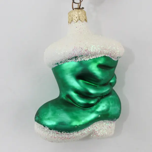 Dept 56 Blown Glass Green & White Santa Boot W/White & Red Pinecone Ornament