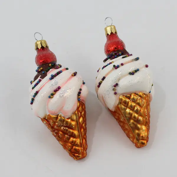 VTG Lot of 2 Blown Glass Ice Cream Cone Ornaments With Sprinkles Cherry on Top 