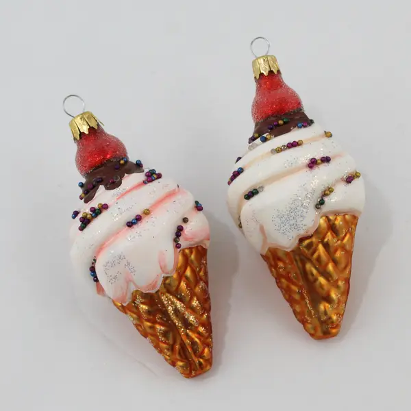VTG Lot of 2 Blown Glass Ice Cream Cone Ornaments With Sprinkles Cherry on Top 