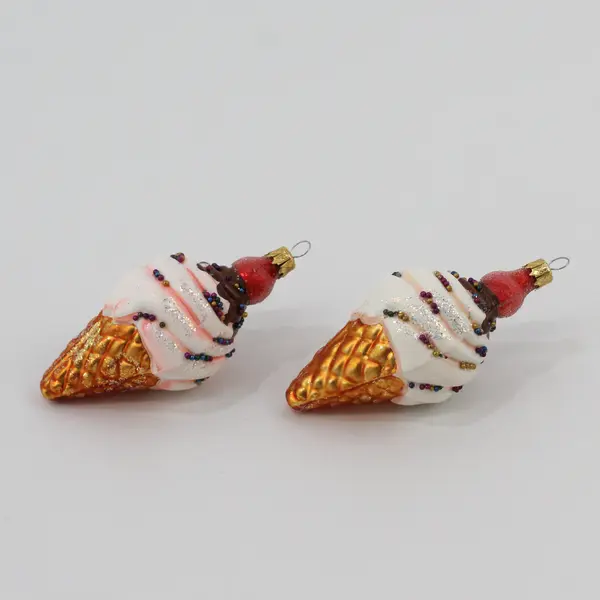 VTG Lot of 2 Blown Glass Ice Cream Cone Ornaments With Sprinkles Cherry on Top 