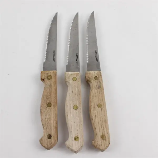 Set of 3 Farberware Serrated Steak Knives with Light Wood Handle