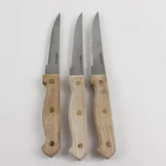 Set of 3 Farberware Serrated Steak Knives with Light Wood Handle