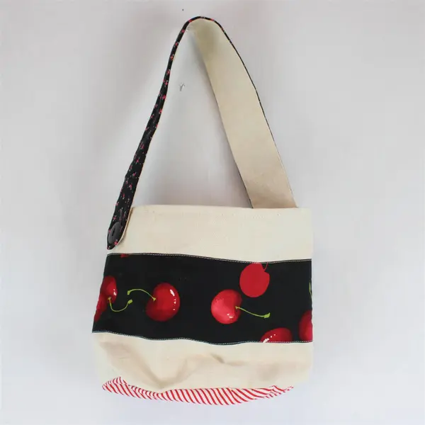 Small Canvas Tote Bag – Cherry Print - Fully Lined with Drawstring Closure