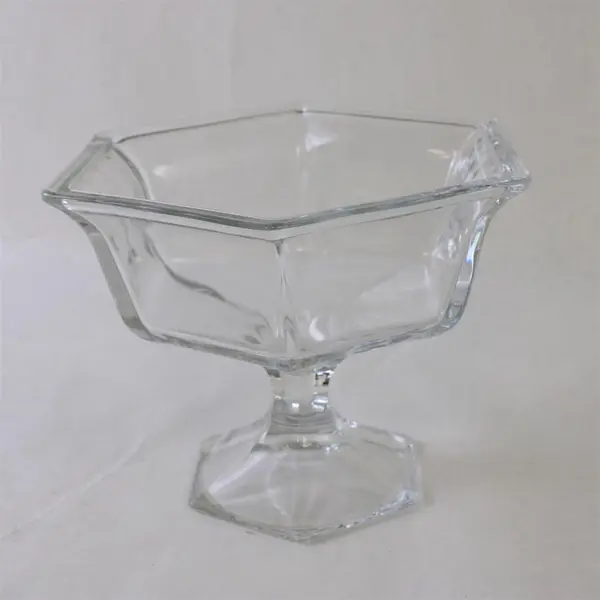 Vintage MCM Clear Glass Pedestal Bowl Geometric Hexagonal Base