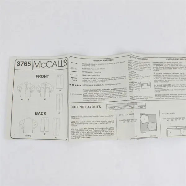 2002 McCall's Pattern 3765 Women's Shirt Skirt and Jeans Size RR 18W-24W UNCUT