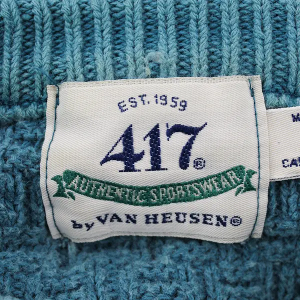Vintage 417 Van Heusen Men's L Teal 100% Cotton Textured Knit Sweater Made USA 