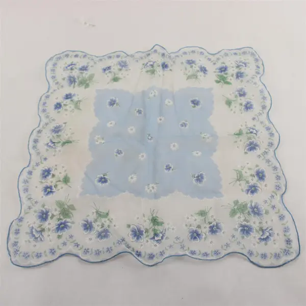 Vintage Sheer Blue and White Floral Scalloped Edge Handkerchief 13"