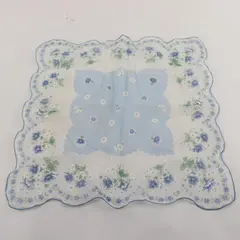 Vintage Sheer Blue and White Floral Scalloped Edge Handkerchief 13"