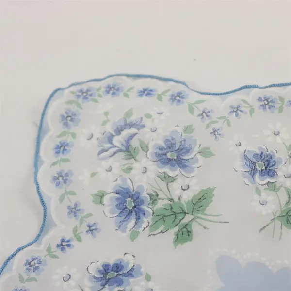 Vintage Sheer Blue and White Floral Scalloped Edge Handkerchief 13"
