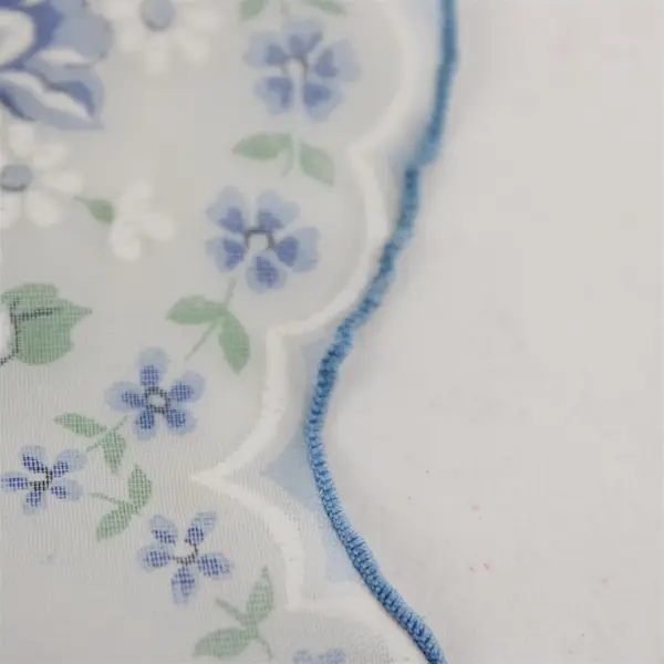 Vintage Sheer Blue and White Floral Scalloped Edge Handkerchief 13"