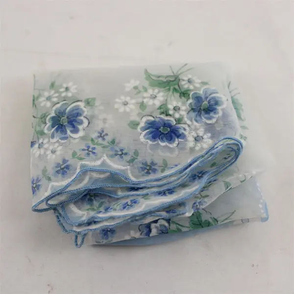 Vintage Sheer Blue and White Floral Scalloped Edge Handkerchief 13"