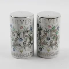 Vintage 25th Anniversary Salt and Pepper Shakers Silver and Floral