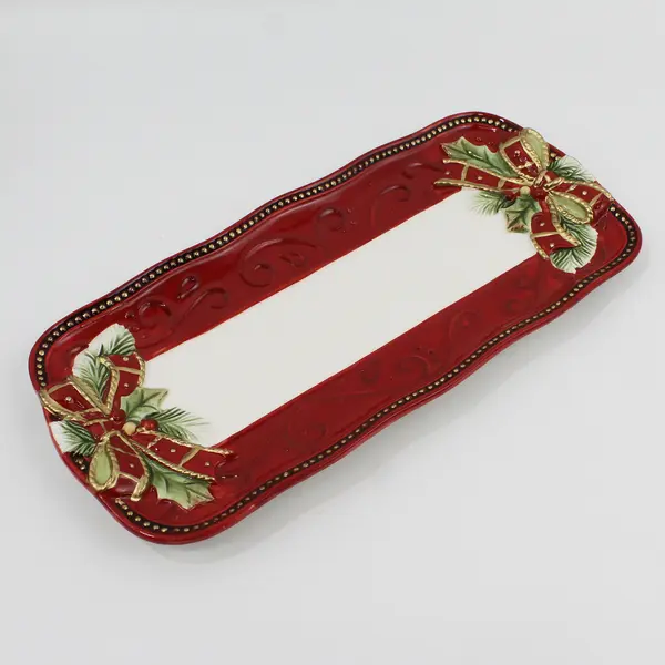 Fitz and Floyd Damask Holiday Ceramic Bread Tray Red And White