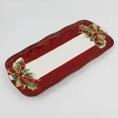 Fitz and Floyd Damask Holiday Ceramic Bread Tray Red And White