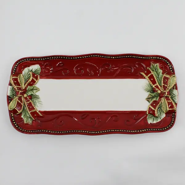Fitz and Floyd Damask Holiday Ceramic Bread Tray Red And White