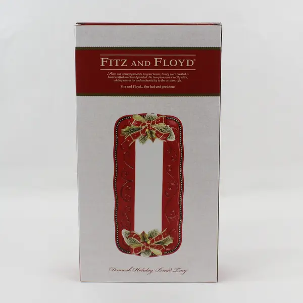 Fitz and Floyd Damask Holiday Ceramic Bread Tray Red And White