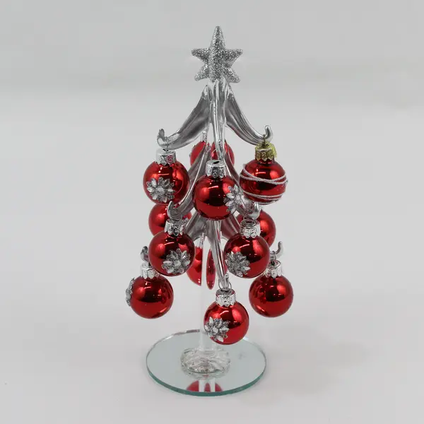 GANZ Silver Glass Christmas Tree With Mirrored Base Small Red Glass Ornaments