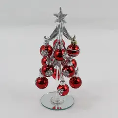 GANZ Silver Glass Christmas Tree With Mirrored Base Small Red Glass Ornaments