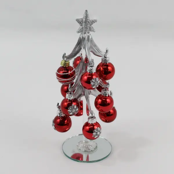 GANZ Silver Glass Christmas Tree With Mirrored Base Small Red Glass Ornaments