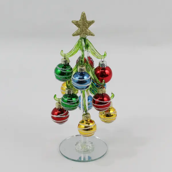 Ganz 8" Green Glass Christmas Tree W/ Mirror Base Multi Color Glass Ornaments