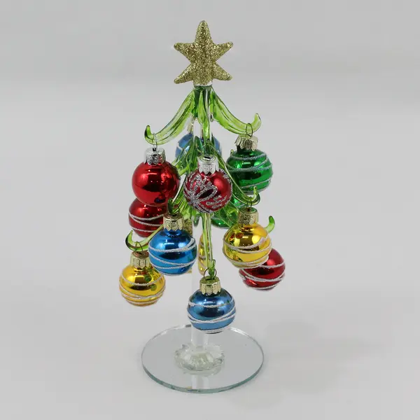 Ganz 8" Green Glass Christmas Tree W/ Mirror Base Multi Color Glass Ornaments