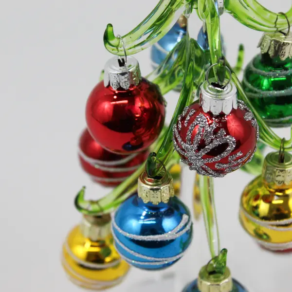 Ganz 8" Green Glass Christmas Tree W/ Mirror Base Multi Color Glass Ornaments