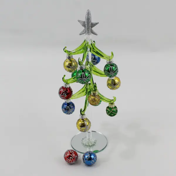 Ganz 10.5" Green Glass Christmas Tree W/ Mirror Base Multi Color Glass Ornaments