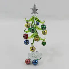 Ganz 10.5" Green Glass Christmas Tree W/ Mirror Base Multi Color Glass Ornaments