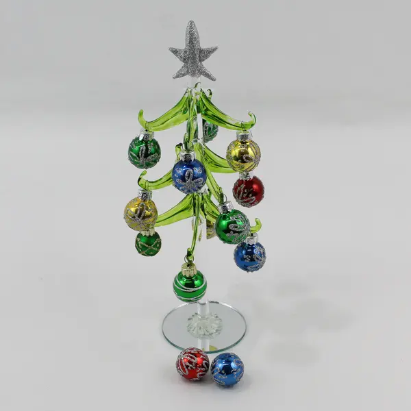 Ganz 10.5" Green Glass Christmas Tree W/ Mirror Base Multi Color Glass Ornaments