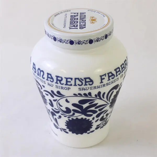 Fabbri Amarena Empty Collectible Milk Glass Jar Blue White Floral Italy 5.5"