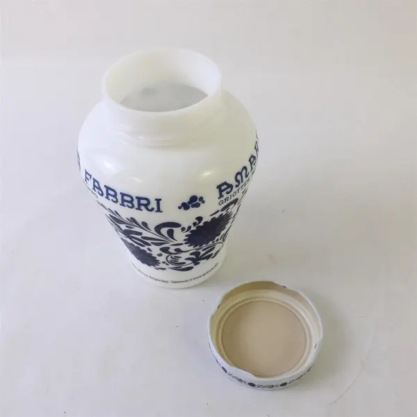 Fabbri Amarena Empty Collectible Milk Glass Jar Blue White Floral Italy 5.5"