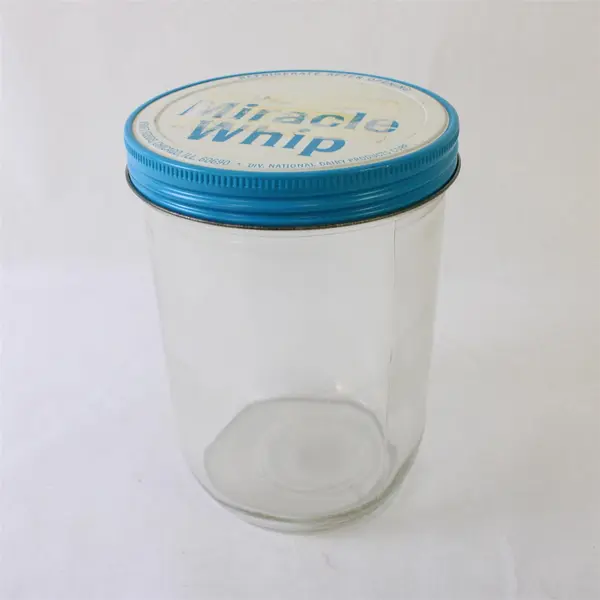 Vintage 1970s Kraft Miracle Whip Salad Dressing Glass Jar Blue Tin Lid