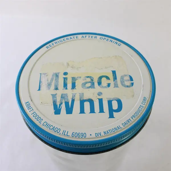 Vintage 1970s Kraft Miracle Whip Salad Dressing Glass Jar Blue Tin Lid