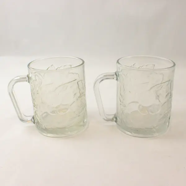 Set of 2 Vintage KIG Indonesia Clear Glass Mugs Embossed Grapevine Leaf