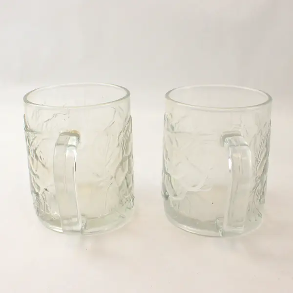 Set of 2 Vintage KIG Indonesia Clear Glass Mugs Embossed Grapevine Leaf