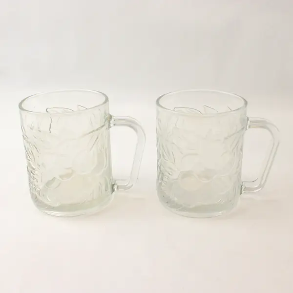 Set of 2 Vintage KIG Indonesia Clear Glass Mugs Embossed Grapevine Leaf
