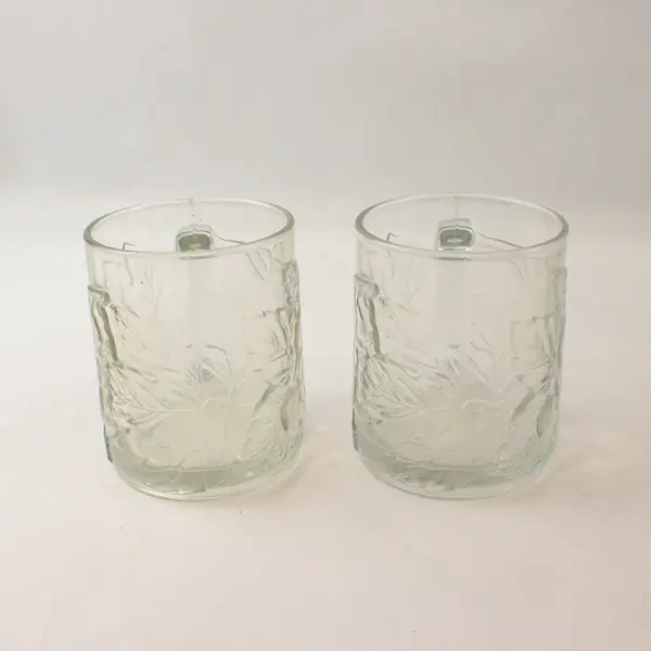 Set of 2 Vintage KIG Indonesia Clear Glass Mugs Embossed Grapevine Leaf