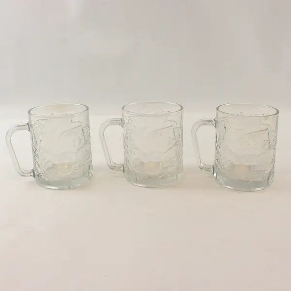 Set of 3 Vintage KIG Indonesia Clear Glass Mugs Embossed Grapevine Leaf 