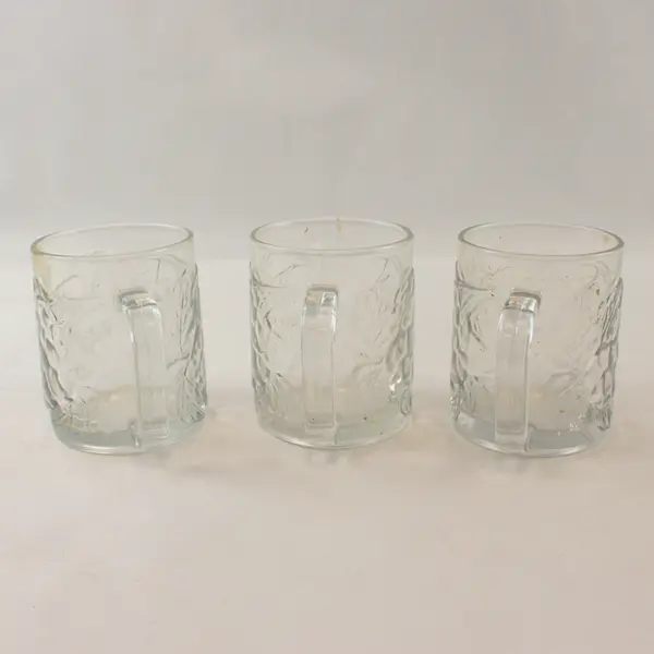 Set of 3 Vintage KIG Indonesia Clear Glass Mugs Embossed Grapevine Leaf 