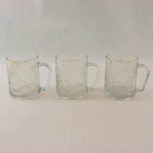 Set of 3 Vintage KIG Indonesia Clear Glass Mugs Embossed Grapevine Leaf 