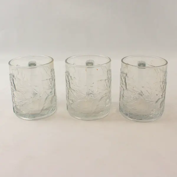 Set of 3 Vintage KIG Indonesia Clear Glass Mugs Embossed Grapevine Leaf 