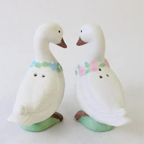 Vintage Goose & Gander Bisque Porcelain Salt Pepper Shakers Floral Taiwan