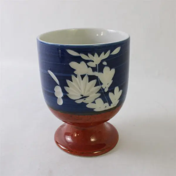 Footed Yunomi Japanese Teacup Blue White Floral Motif