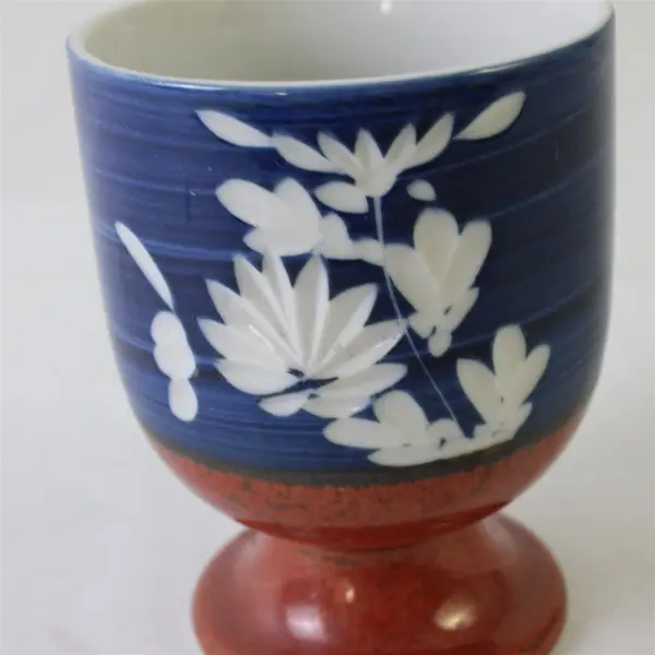 Footed Yunomi Japanese Teacup Blue White Floral Motif