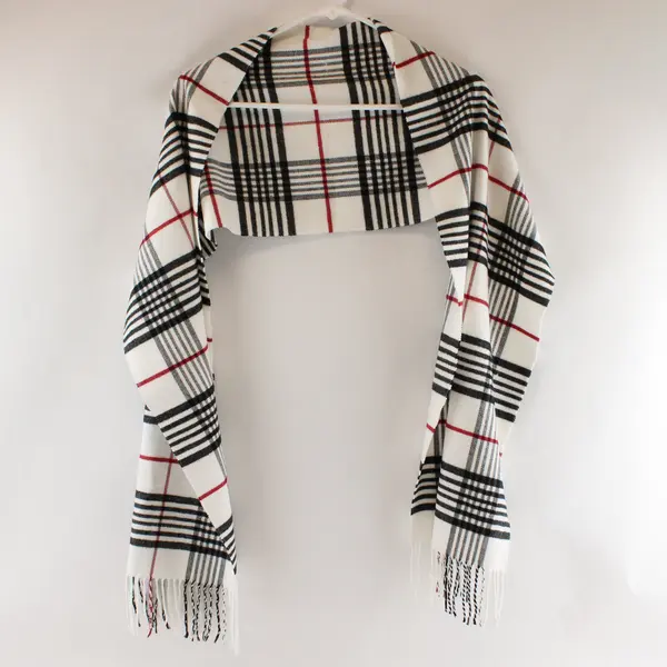 Women’s Plaid Scarf Black White Red Fringe 67in Pre-Owned