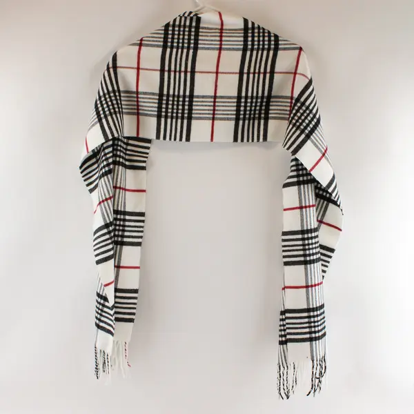 Women’s Plaid Scarf Black White Red Fringe 67in Pre-Owned