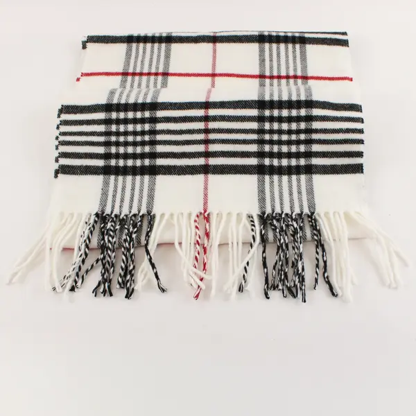Women’s Plaid Scarf Black White Red Fringe 67in Pre-Owned
