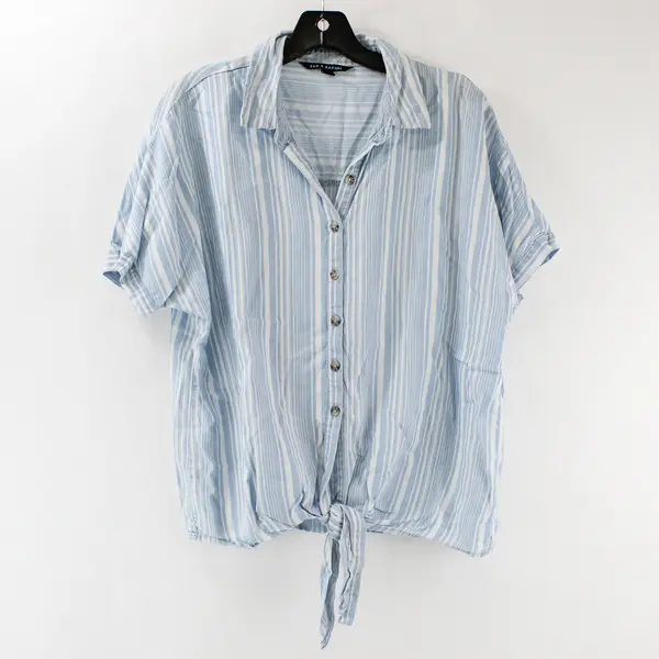 Zac & Rachel Women's Small Blue/White Tie Front Button Up Short Sleeve Blouse